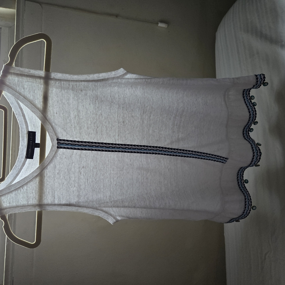 White Sleeveless Top with Blue Trim XS